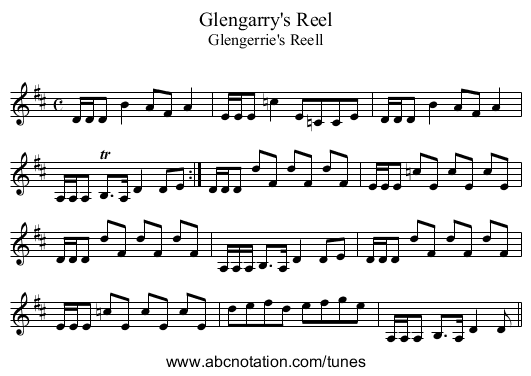 Glengarry's Reel - staff notation