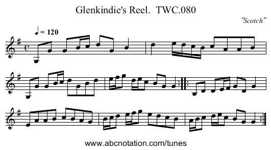 Glenkindie's Reel.  TWC.080 - staff notation