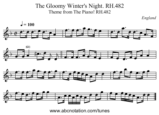 Gloomy Winter's Night. RH.482, The - staff notation