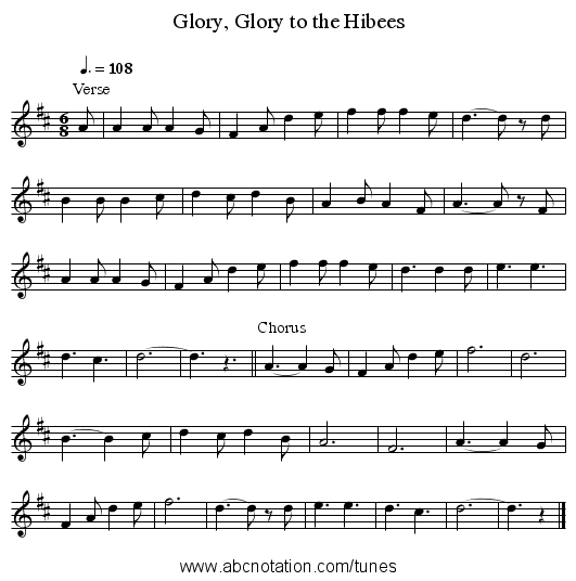 Glory, Glory to the Hibees - staff notation
