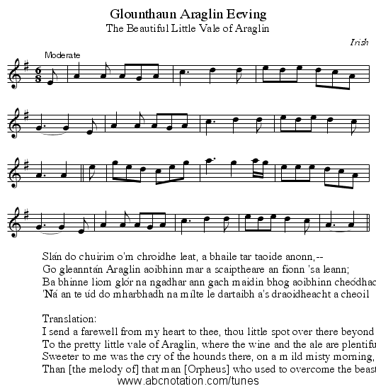 Glounthaun Araglin Eeving - staff notation