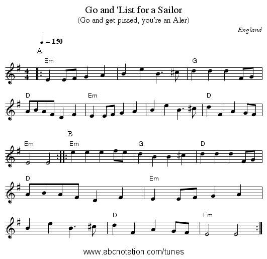 Go and 'List for a Sailor - staff notation