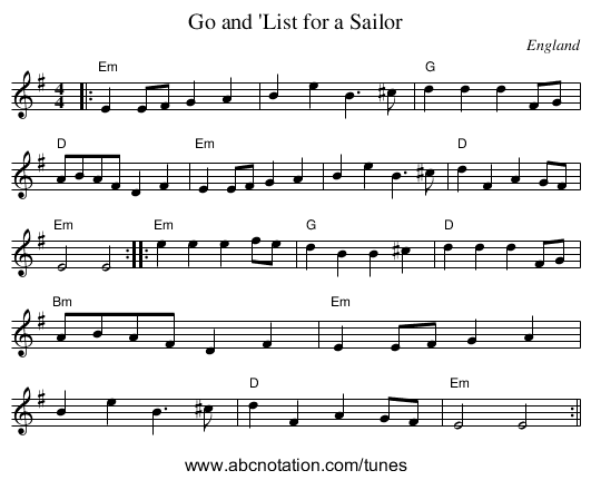 Go and 'List for a Sailor - staff notation