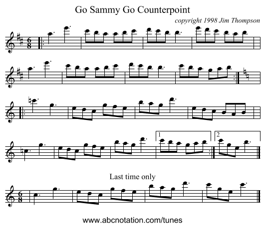 Go Sammy Go Counterpoint - staff notation