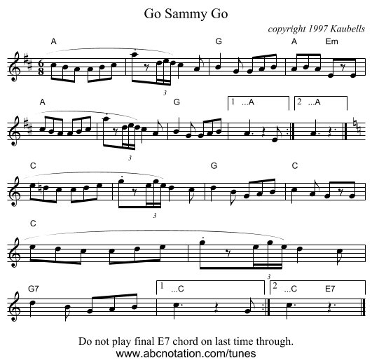 Go Sammy Go - staff notation