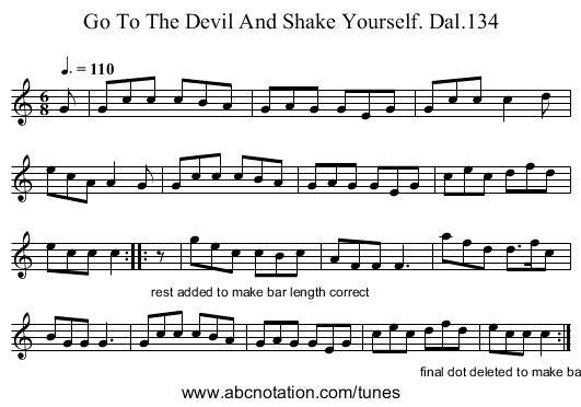 Go To The Devil And Shake Yourself. Dal.134 - staff notation