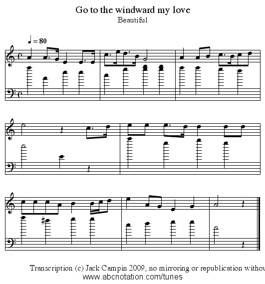 Go to the windward my love - staff notation