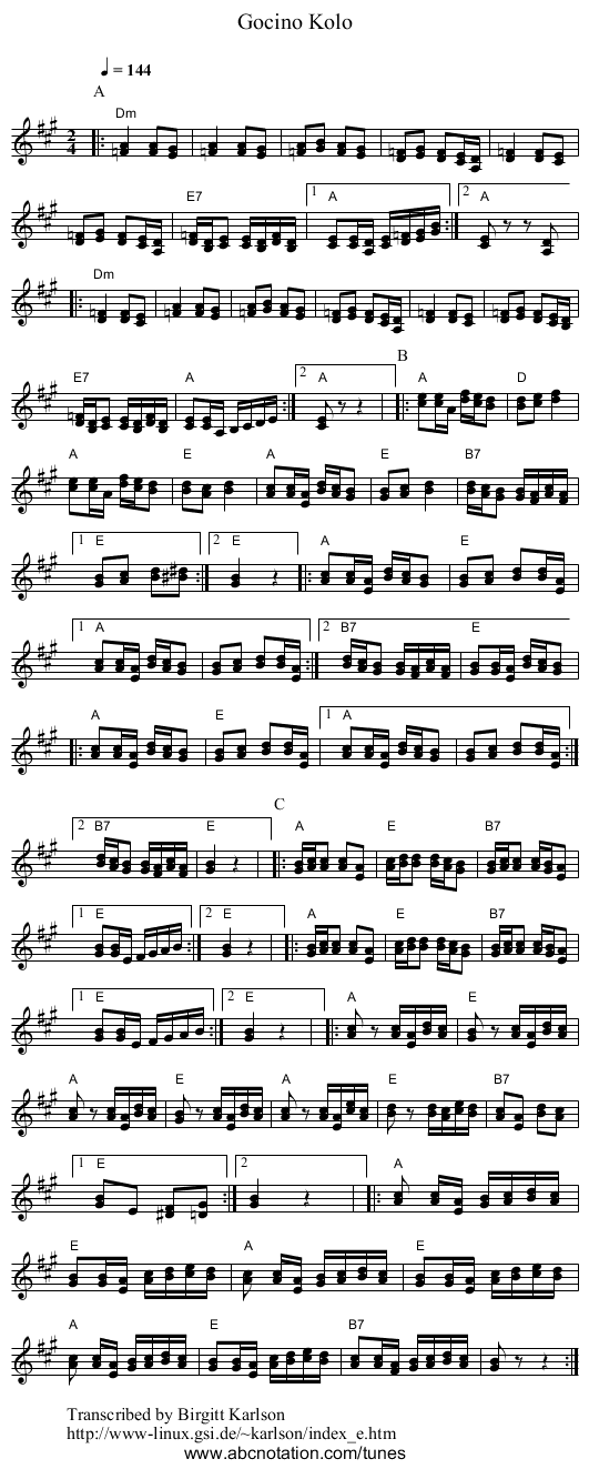 Gocino Kolo - staff notation