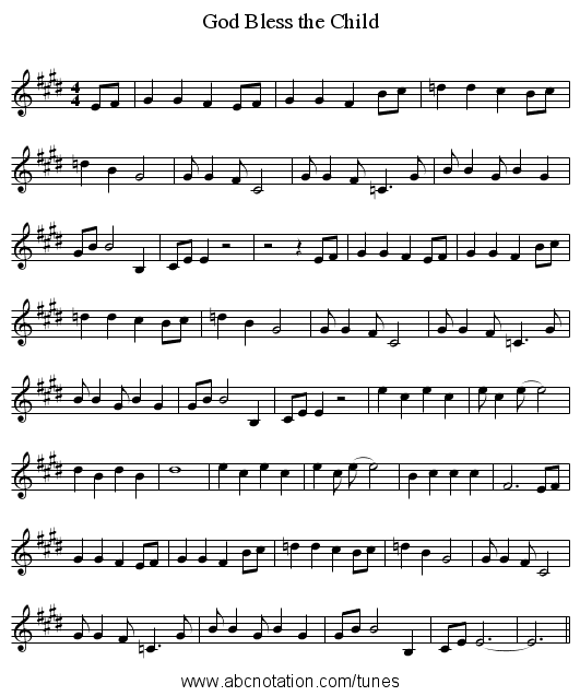 God Bless the Child - staff notation