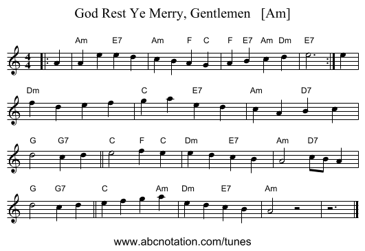 God Rest Ye Merry, Gentlemen   [Am] - staff notation