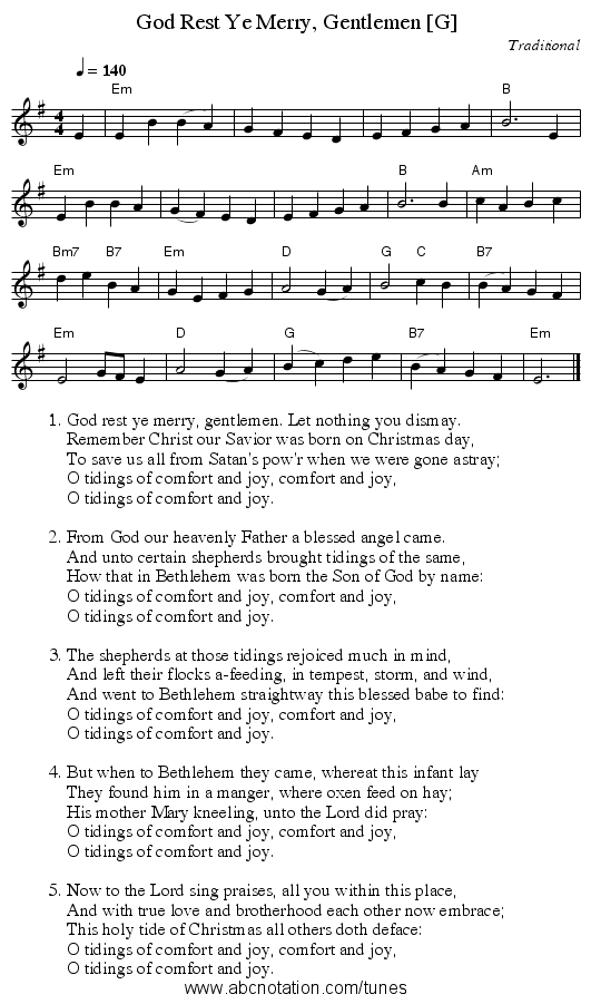 God Rest Ye Merry, Gentlemen [G] - staff notation