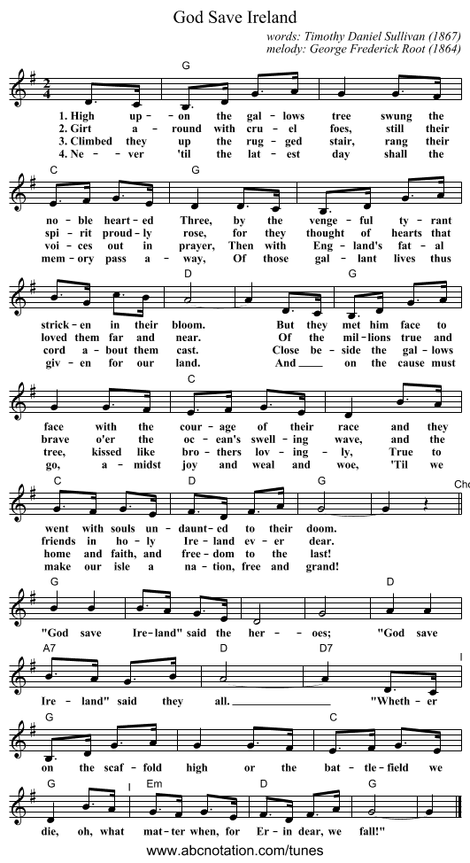 God Save Ireland - staff notation