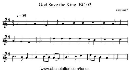 God Save the King. BC.02 - staff notation