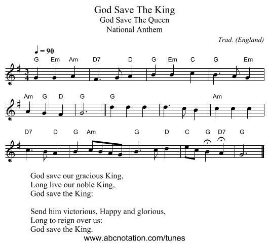 God Save The King - staff notation