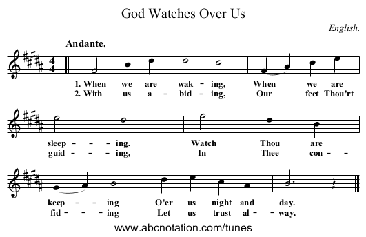 God Watches Over Us - staff notation