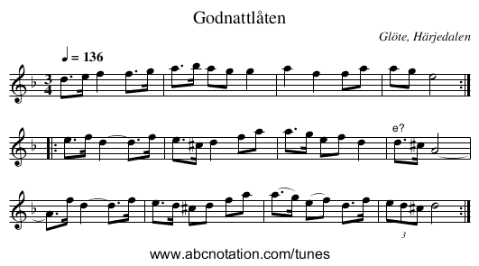 Godnattlåten - staff notation