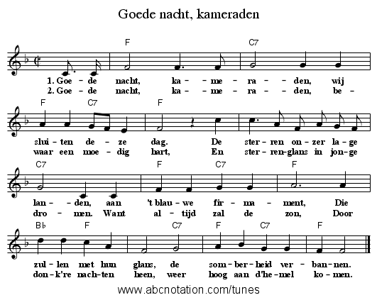 Goede nacht, kameraden - staff notation