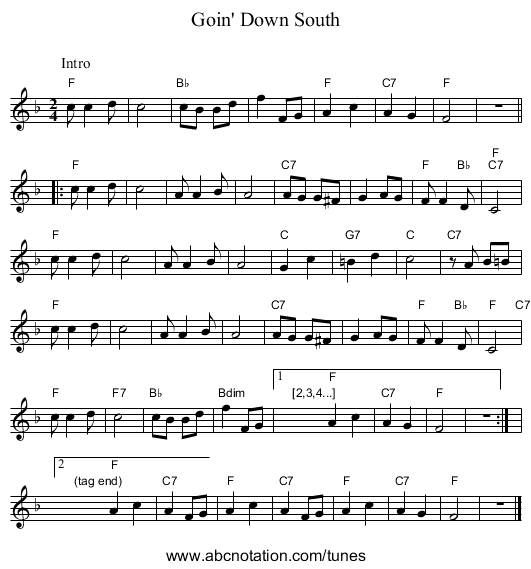 Goin' Down South - staff notation
