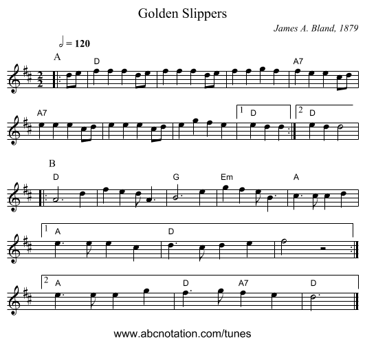 Golden Slippers - staff notation