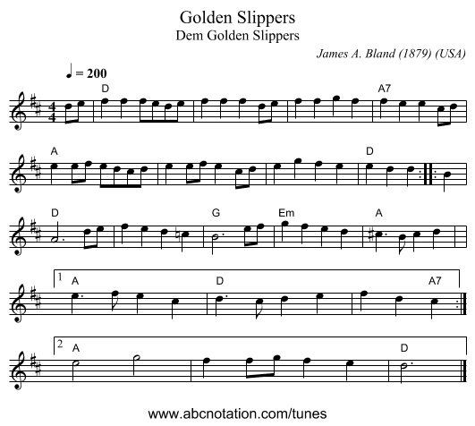 Golden Slippers - staff notation