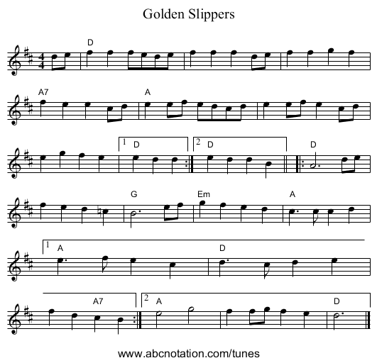 Golden Slippers - staff notation