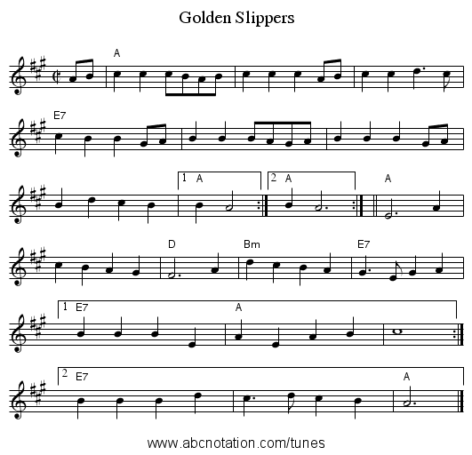 Golden Slippers - staff notation