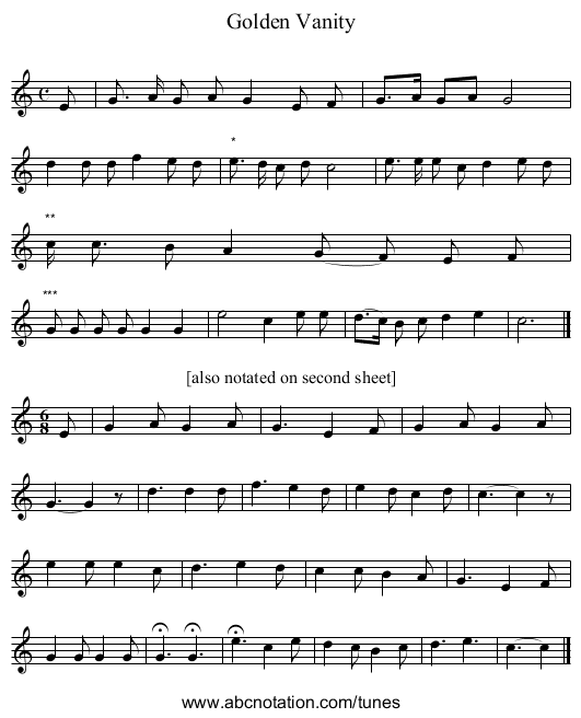 Golden Vanity - staff notation