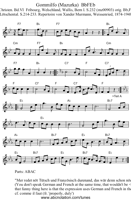 Gommilfo (Mazurka)  BbFEb - staff notation