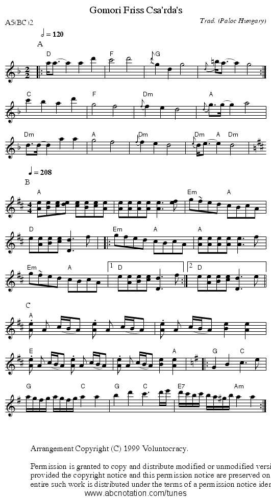 Gomori Friss Csa'rda's - staff notation