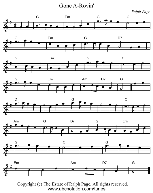 Gone A-Rovin' - staff notation