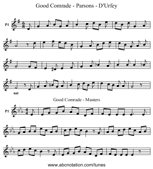 Good Comrade - Parsons - D'Urfey - staff notation