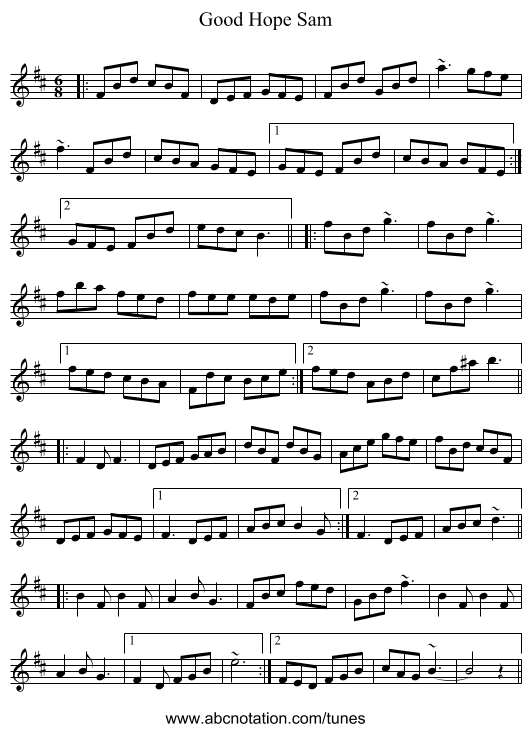 Good Hope Sam - staff notation