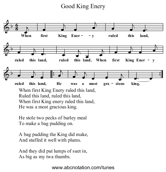 Good King Enery - staff notation