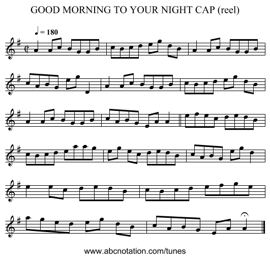 GOOD MORNING TO YOUR NIGHT CAP (reel) - staff notation