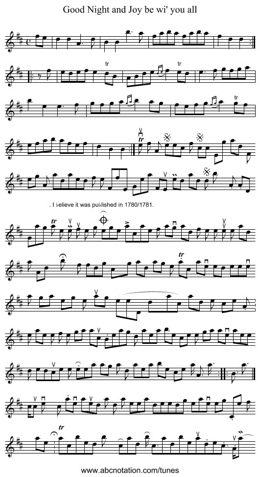 Good Night and Joy be wi' you all - staff notation