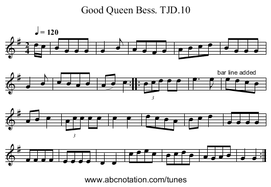 Good Queen Bess. TJD.10 - staff notation