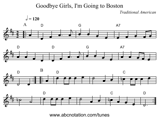 Goodbye Girls, I'm Going to Boston - staff notation