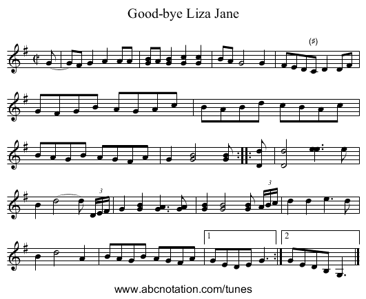 Good-bye Liza Jane - staff notation