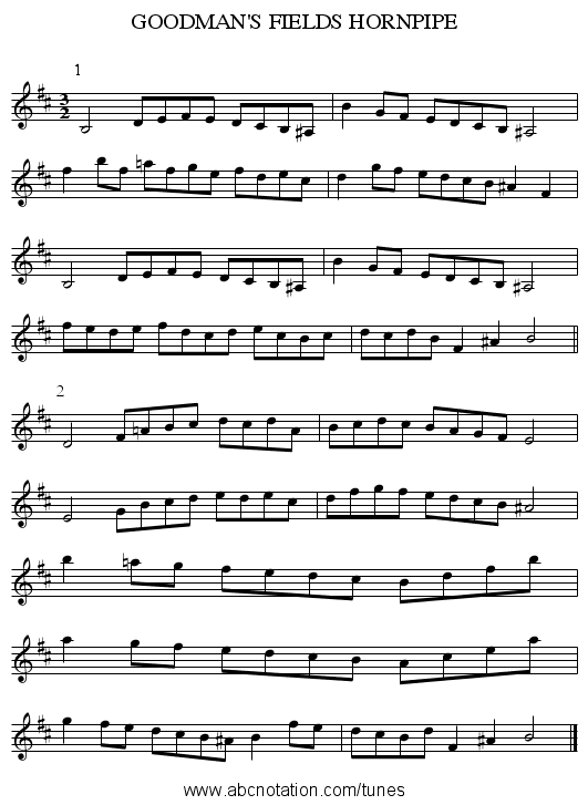 GOODMAN'S FIELDS HORNPIPE - staff notation