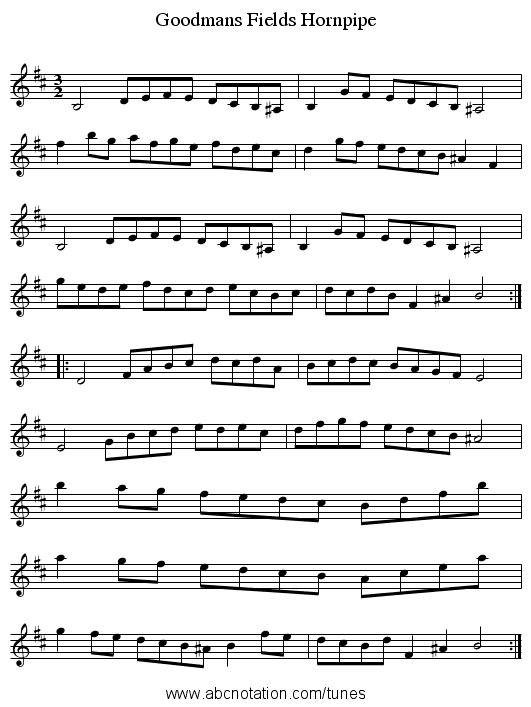 Goodmans Fields Hornpipe - staff notation