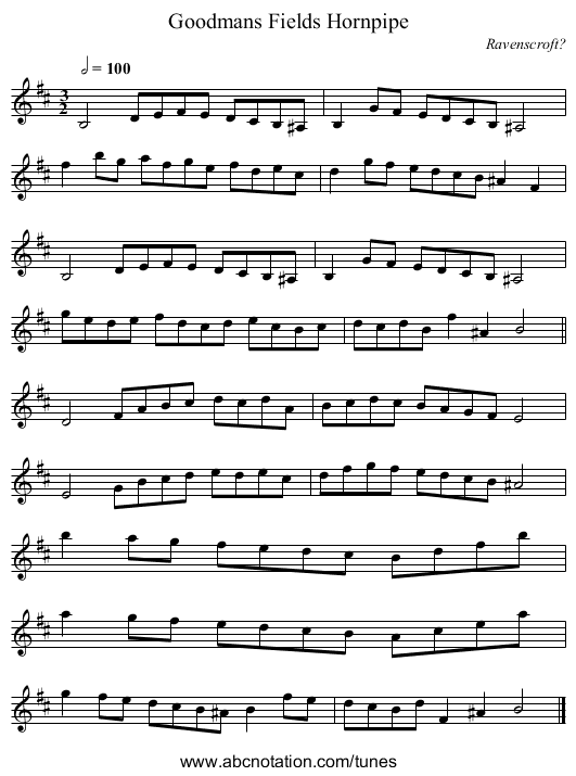 Goodmans Fields Hornpipe - staff notation