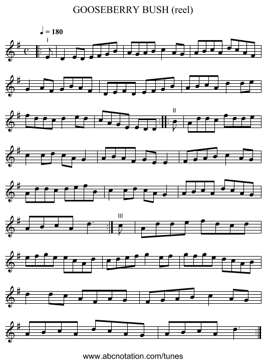 GOOSEBERRY BUSH (reel) - staff notation