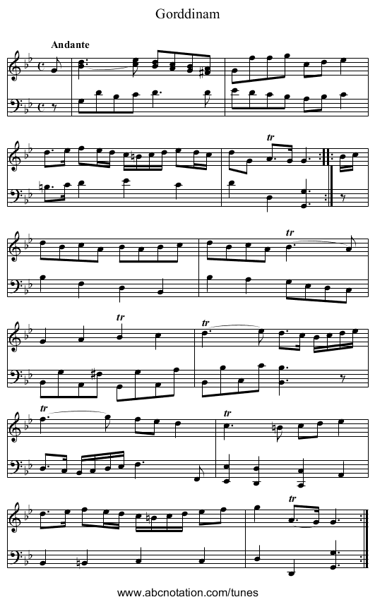 Gorddinam - staff notation