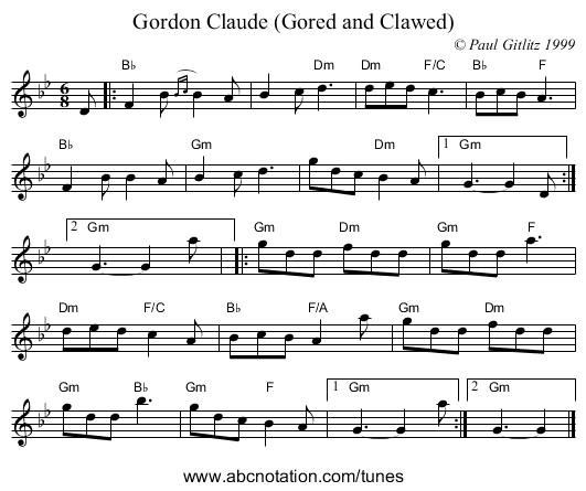 Gordon Claude (Gored and Clawed) - staff notation