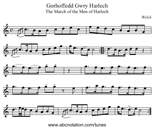 Gorhoffedd Gwry Harlech - staff notation