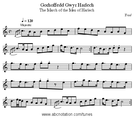 Gorhoffedd Gwyr Harlech - staff notation
