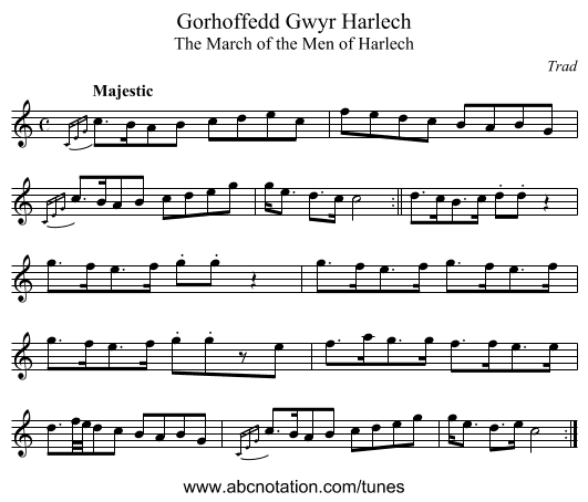 Gorhoffedd Gwyr Harlech - staff notation