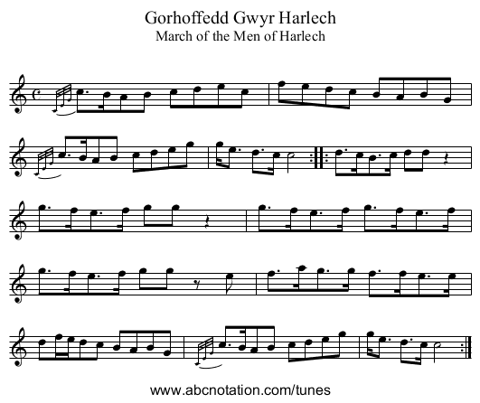 Gorhoffedd Gwyr Harlech - staff notation