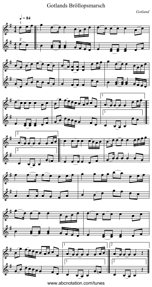 Gotlands Bröllopsmarsch - staff notation