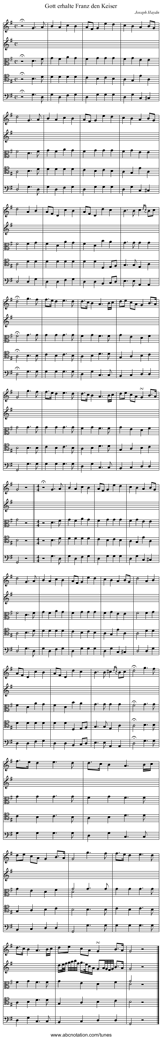 Gott erhalte Franz den Keiser - staff notation